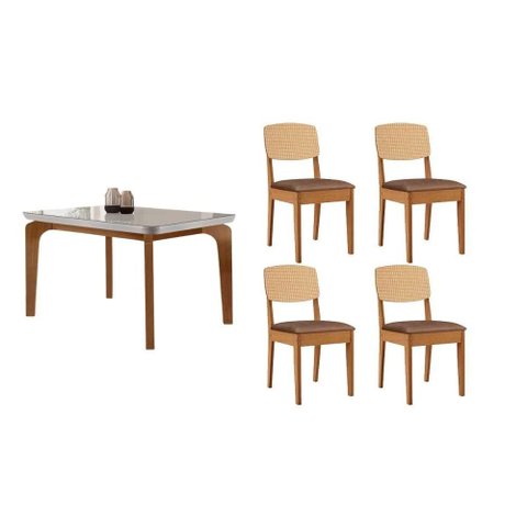 Conjunto: Mesa Sala Jantar Londrina Tampo c/ Vidro Curvo 120cm+4 Cadeiras Havana Naturale/Off White