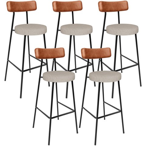 Kit 05 Banquetas Altas Cozinha Sala De Jantar Aço Milão L02 Couríssimo Camel Linho Bege - Lyam Decor