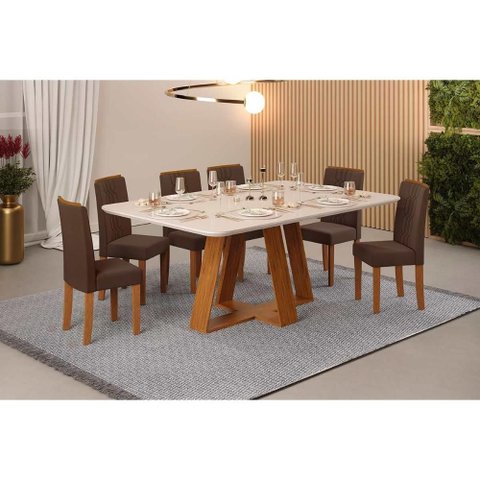 Sala de Jantar Completa Celeste C/ Tampo Madeirado C/ Vidro Retangular 160x90cm e 6 Cadeiras Zoe