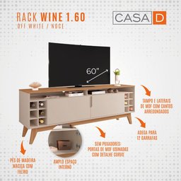 Rack Sala Estante Tv 60" Bancada Home Wine 2 Portas Nicho Adega Pés Retrô Sala Quarto Pequeno - - 7