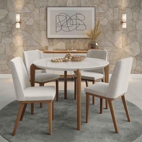 Conjunto de Jantar Mesa c/Vidro Donatella 4 Cadeiras Kalina - Linho Off White - Linked 02