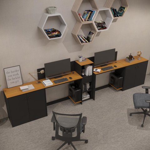 Conjunto de Escritório Smart 1 Livreiro 2 Buffet e 2 Mesas 90cm - Preto e Cedro