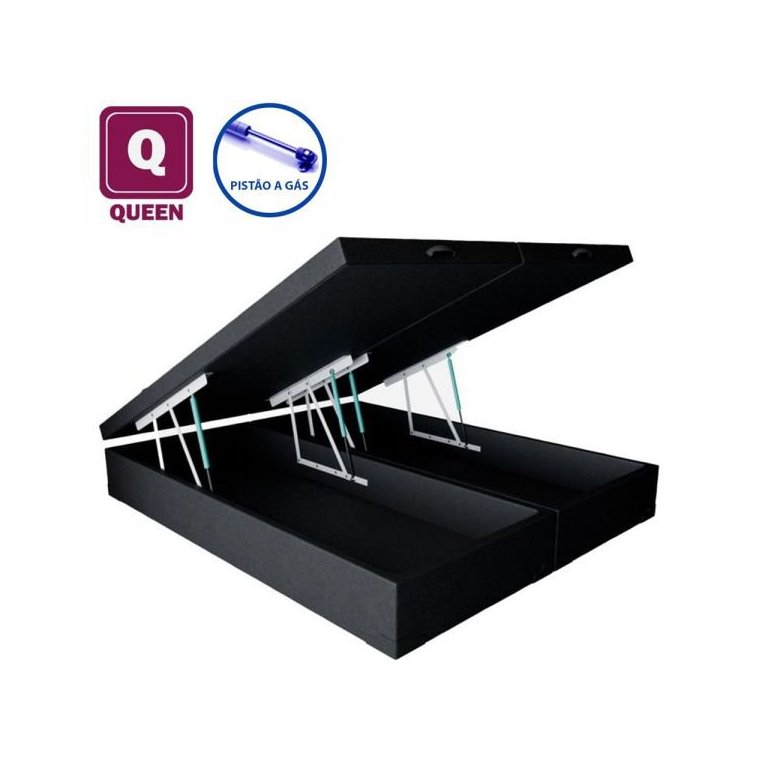 Cama Box Baú Queen size Bi partida em Sintetico preto com Pistão a gás - 158x198x35