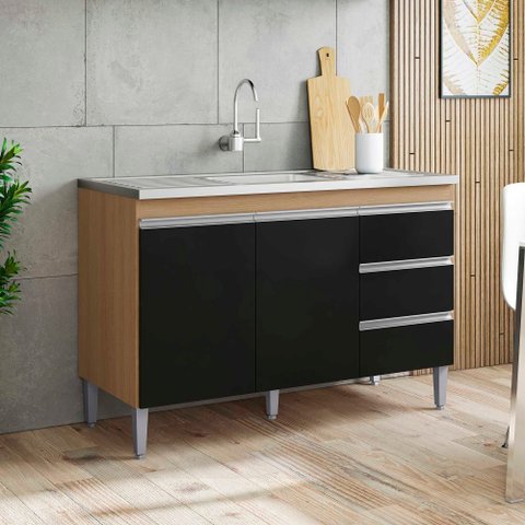 Balcão Gabinete P/ Pia Andreia sem Tampo 120 Cm Ajl Móveis - Amêndoa e Preto