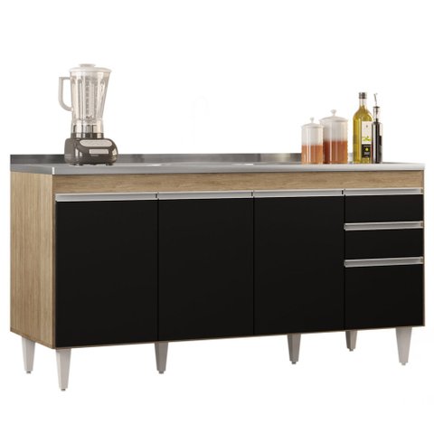Balcão Gabinete com Pia Inox 160cm Arkansas Castanho/Preto - Lumil Lumil Móveis