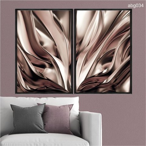 Kit 02 Quadros Decorativos Rose Gold Efeito Metalico Onda Abg034 Vidro com Impressão Uv 40x60cm Cada