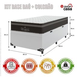 Cama Box Baú Solteiro + Colchão Paris Molas Ensacadas Pocket - 66x88x188cm - Couro - 2