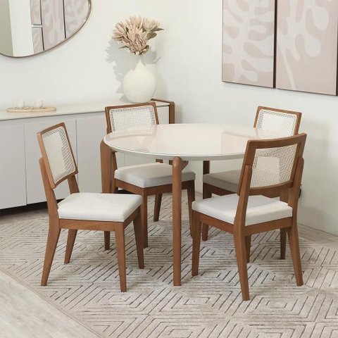 Conjunto de Jantar Mesa Redonda com Vidro Donatella com 4 Cadeiras Saga - Natural C/ Cru