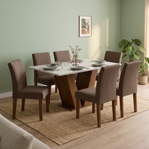 Conjunto Mesa de Jantar com 6 Cadeiras Estofadas e Tampo de Vidro 160x80x80cm Chocolate