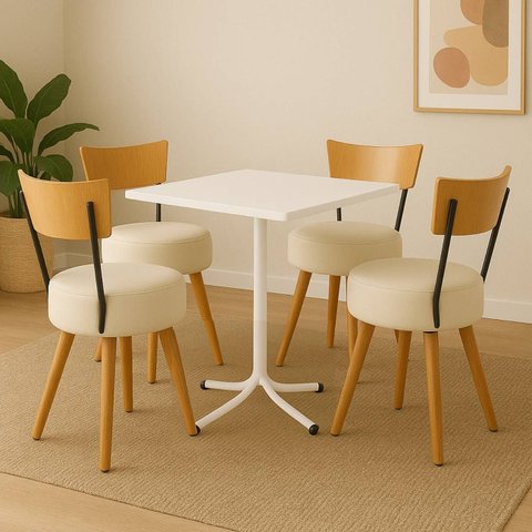 Mesa de Jantar Quadrada 70cm Branca com 4 Cadeiras Estofada Off-white com Encosto Madeira Urban