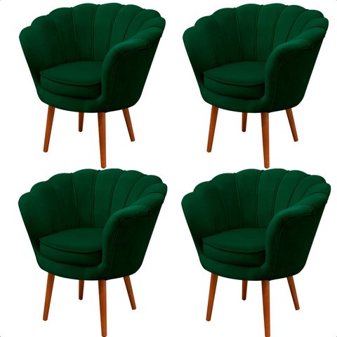 Kit 4 Poltrona Sala Decorativa Pétala Veludo Verde Pés Palito Castanho - Arkell