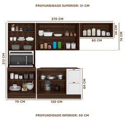 Armário Com Espaço Para Fogão Modulado Nogueira Branco Com Tampo Poliman Unna 4 Módulos - 4