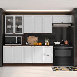 Armário Com Espaço Para Fogão Modulado Nogueira Branco Com Tampo Poliman Unna 4 Módulos - 1