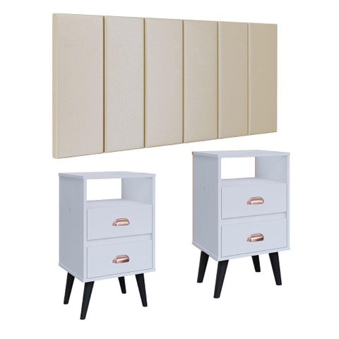 Cabeceira Estofada Modular Box Casal 1,40 Areia 2 Mesinha Pequena Gaveta Nicho Cama Retrô Branco-
