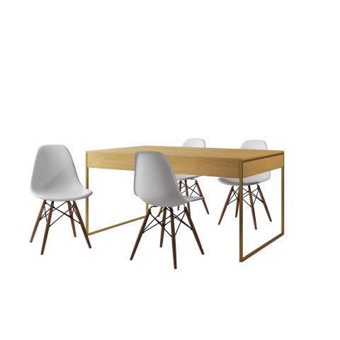 Conjunto Industrial Filadelfia 120x75 Ferro Dourado Tampo Canela 4 Cadeiras Branco