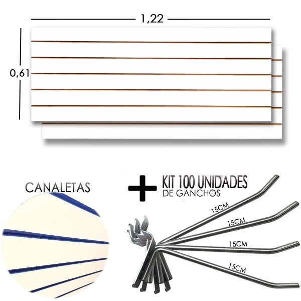2 Paineis Canaletado - 1,22 X 0,61 + 100 Gancho 15cm + Canaletas AZUL