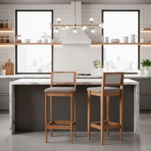 Kit 2 Banquetas Estofada em Linho Encosto Palhinha Bruna:mel com Linho Cinza