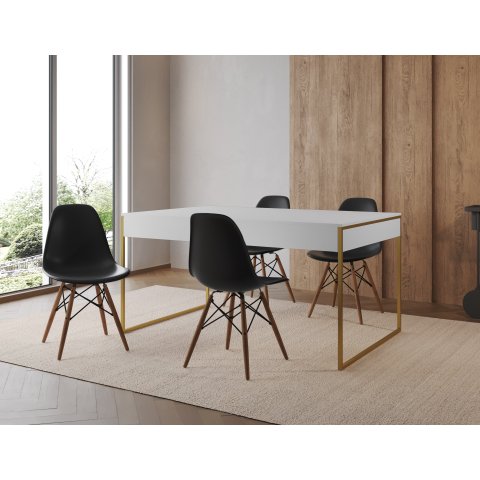 Conjunto Industrial Filadelfia 137x90 Ferro Dourado Tampo Branco 4 Cadeiras Preto