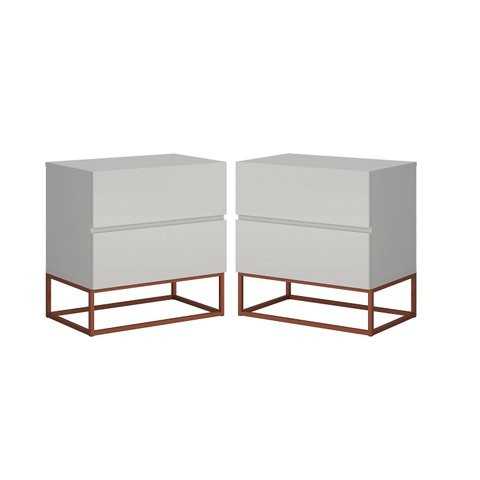 Conjunto 2 Mesas de Cabeceira Estilo Industrial 2 Gavetas Eros 45 Base Cobre:off White