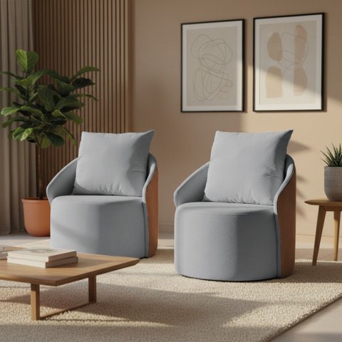 Poltrona Sala Orgânica Giratória Talita Kit 2 Pu Nozes e Linho K01 - D'rossi