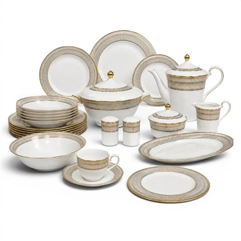 Jogo de Aparelho de Jantar em Porcelana Branca e Filetes À Ouro 62 Peças 45X63X57cm