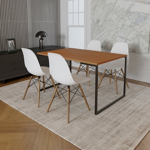 Mesa Industrial Base de Ferro Preto 137x75 Tampo Canela 4 Cadeiras Eiffel Madeira Assento Branco
