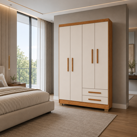 Armário Multiuso Organizador Paris 4 Portas 2 Gavetas 3 Prateleiras Premium Cedro/Off White