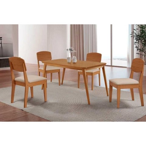Sala de Jantar Completa Havana C/ Tampo Madeirado Canto Curvo 120x80cm e 4 Cadeiras Havana Naturale