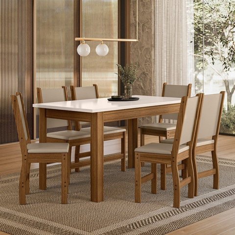Conjunto Sala de Jantar Mesa Bellagio 150cm com 6 Cadeiras Clara Yescasa Carvalho/Off White