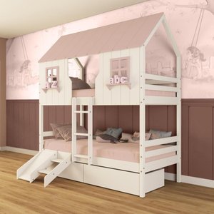Beliche Casinha Encantada com 02 Gavetas Kit Escada/ Escorregador Madeira Maciça Branco/ Rosa