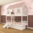 Ver imagem 1 de Beliche Casinha Encantada com 02 Gavetas Kit Escada/ Escorregador Madeira Maciça Branco/ Rosa