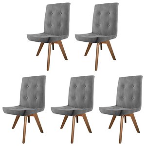 Conjunto 05 Cadeira de Jantar Drop Com Botão Base Giratória Imbuia Sintético Cinza - Amey Decor