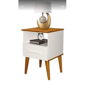 Mesa de Cabeceira Pérola 1 Gaveta e 1 Nicho estilo Retrô: Off-white / Canela
