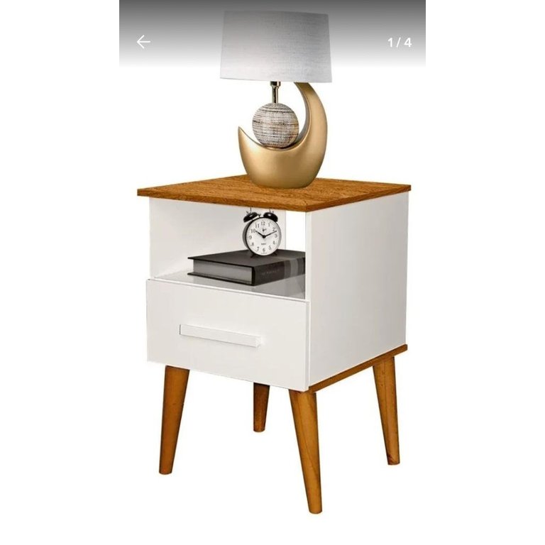 Mesa de Cabeceira Pérola 1 Gaveta e 1 Nicho Estilo Retrô: Off-white / Canela