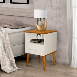 Mesa de Cabeceira Pérola 1 Gaveta e 1 Nicho Estilo Retrô: Off-white / Canela - 2