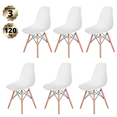 Kit com 6 Cadeiras Eames Branca - Madeira Natural