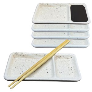 Kit 6 Pratos Sushi com Divisória de Shoyu Porcelana Creme Mesclado Jogo Mesa