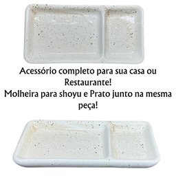Kit 6 Pratos Sushi com Divisória de Shoyu Porcelana Creme Mesclado Jogo Mesa - 2