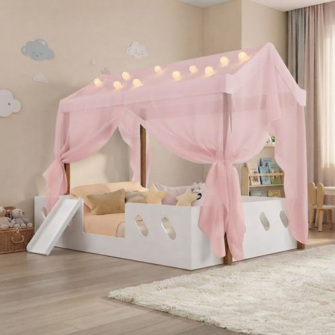 Cama Casinha Montessoriana Isa MDF + LED + Voal Rosa + Escorregador + Colchão Casal Kids - Branco