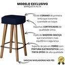 Ver imagem 5 de 4 Banquetas sem Encosto Tecido Corano Azul Estrutura Ferro Pés Palito Madeira 60cm Fixo