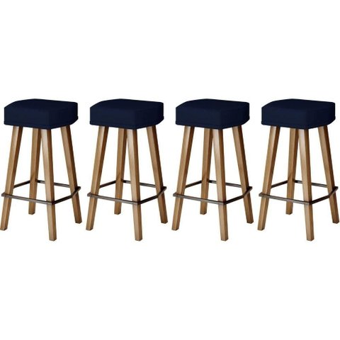 4 Banquetas sem Encosto Tecido Corano Azul Estrutura Ferro Pés Palito Madeira 60cm Fixo