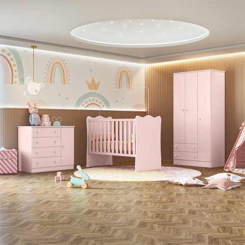Jogo Quarto Infantil Doce Sonho Berço Cômoda Sapateira e Guarda Roupa Qmovi