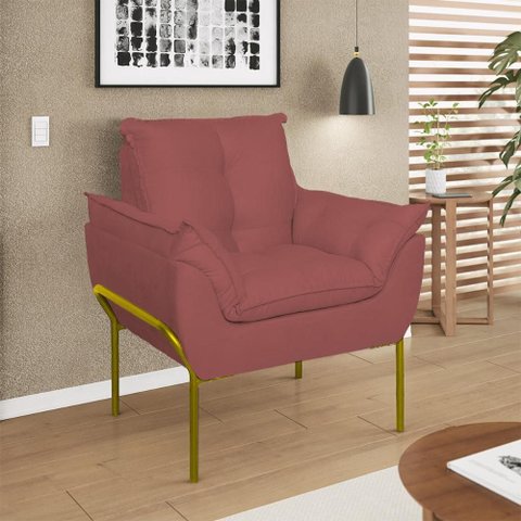Poltrona Sofá Luxo Base Metal Dourada Recepção Escritório Cor:rosa