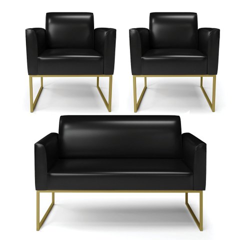 Sofá Namoradeira com 2 Poltronas Base Industrial Dourado Marisa Corano Preto D03 - D'Rossi