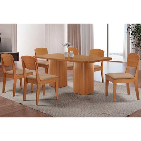 Conjunto: Mesa Sala Jantar Maldivas C/ Tampo Madeirado Canto Curvo 180x90cm e 6 Cadeiras Havana