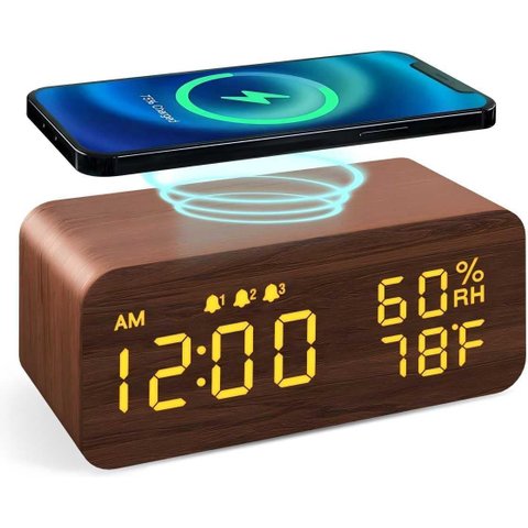 Relógio Madeira Despertador Led Controle Voz Carregador Indução Data Hora Temperatura 3 Alarmes Sens