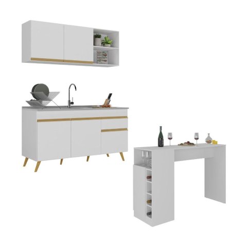 Armário de Cozinha Compacta com Mesa Gourmet Veneza Multimóveis Mp2201 Branco/dourado