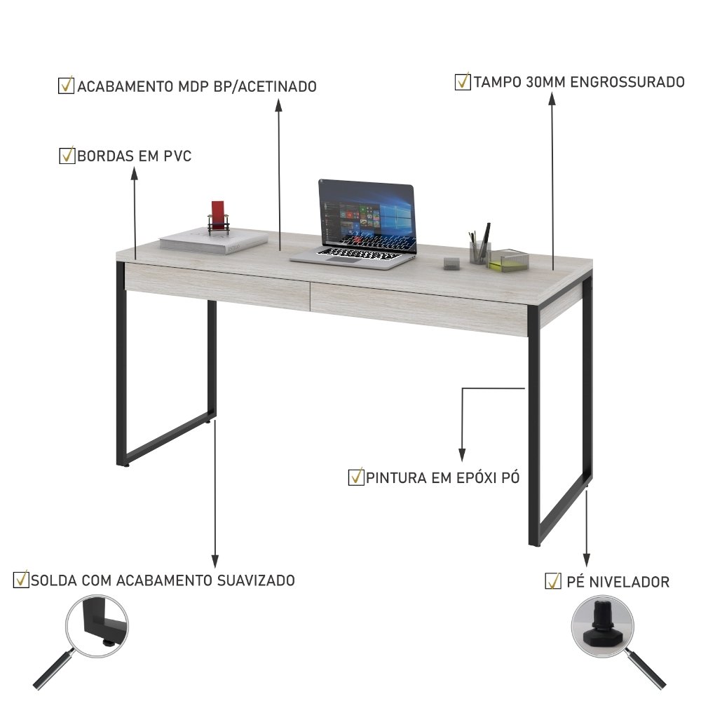 Mesa Para Escritório Estilo Industrial 1,50x0,60 C/2 Gavetas - 4