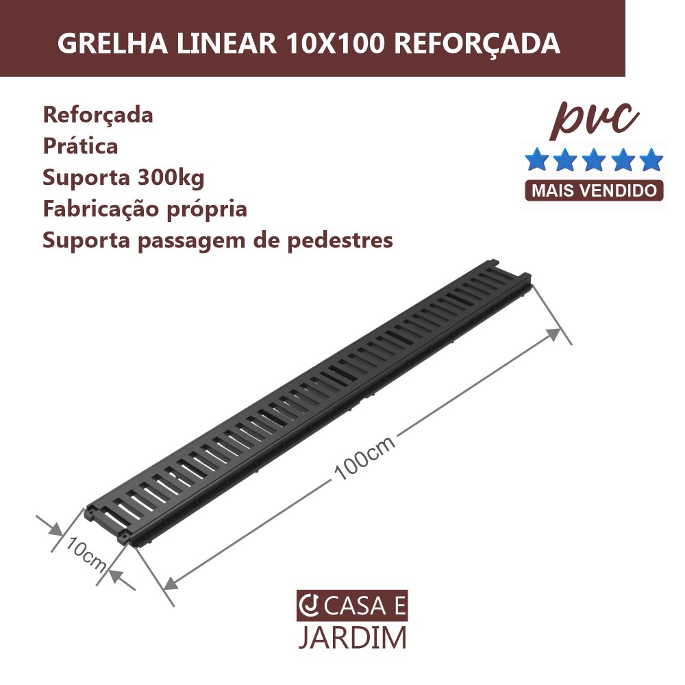 Grelha Ralo Linear 10x100 Pluvial Não Enferruja Pvc Preto - 2