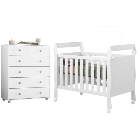 Berço Americano Mini Cama Soninho com Cômoda Vittoria 6 Gavetas Branco - Móveis Albatroz